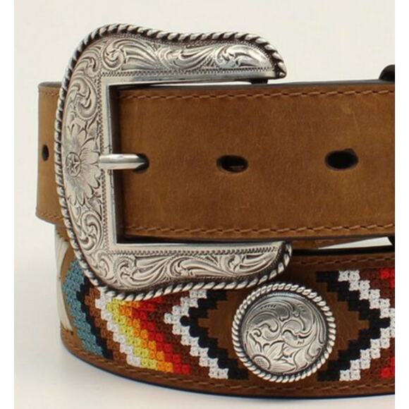 Nocona Men's Sz 38 Brown Leather Southwest Embroidered Concho Belt - Picture 2 of 4